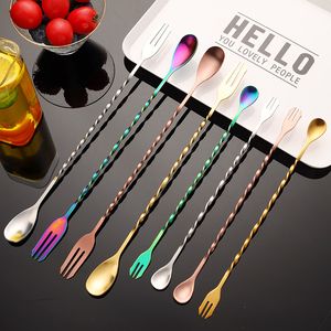 Cocktail Spoon withFork Double Heads Stainless Steel Long Handle Whisky Wine Mixing Spoon Shaker Muddler Stirrer Bar Accessories