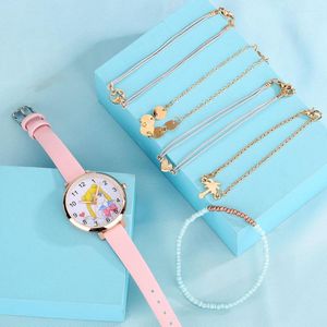 Wristwatches Japan Anime Fashion Quartz Watch With Bracelet Luxury Pink Dial Slim Leather Band Women Watches Gift Set For Girls