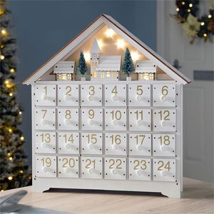 Weihnachtsdekoration, weißer LED-24-Tage-Adventskalender aus Holz, batteriebetrieben, beleuchtet, 24 Schubladen, Hausdekoration, 220920