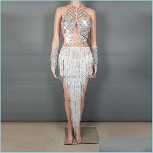 Decoração de festa Sexy Lady Lady White Rhinestone Tassel Dress Dress Bar Bar Nightclub Singer DS Belly Dance Stage Performance Drop Deli DH029