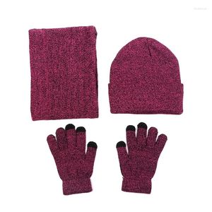 Berets Fleece Lined Warm Winter Knitted Men Women Hat Gloves Set Ring Scarf Grey Wine Red