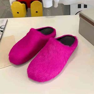 Pantofole fucsia Ciabatte in pelliccia Ciabatte Scarpe piatte Mezza pantofola Scarpe Donna Punta tonda Crine di cavallo Donna Nero Rosa Rosso Verde Donna Casual Peluche