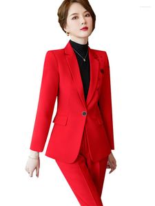 Women's Two Piece Pants Red White Black Women Business Work Wear Pant Suit Formal Office Ladies Long Sleeve Blazer And Trouser Female Slim 2