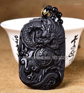 ペンダントネックレス素晴らしい手作りナチュラルブラックオブシディアン彫刻された中国のフアンシドラゴンラッキーアミュレットビーズネックレスファッションジュエリー
