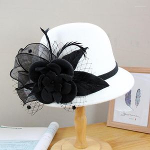Headpieces 2022 Bridal Hats Vintage Wool Flower Elegant Hair Headdress Evening Hat Bride Veil Wedding Accessories