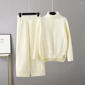 Women's Two Piece Pants Turtleneck Knitted Tracksuit Women Casual Pieces Sets Loose Sweater Wide Leg Long Female Winter Suit