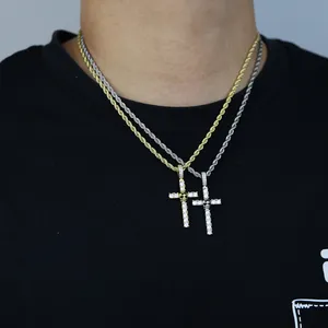 Iced Out Men Cross Pendant Paved 5A Cz Stone Plated Gold Silver Color with Rope Chain Hip Hop Jewelry Wholesale Factory Price