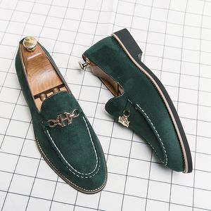Toe Classic Square Loafers Fashion Men Solid Color Faux Suede Sewing Metal Chain Business Casual Wedding Party Everyday Versatile 14