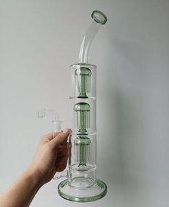 16 inch Green Glass Water Bong Hookahs with Triple Tree Arm Perc Recycler Oil Dab Rigs Smoking Pipes