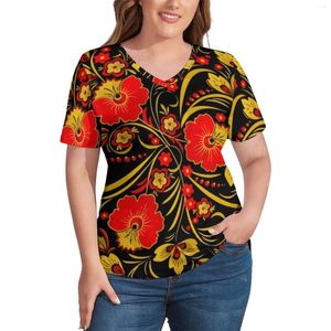 Shirt Russian Red Flower Plus Size Retro Floral Print Kawaii S Short Sleeve V Neck Classic Tees Summer Graphic Tops