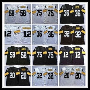 Wskt Men Retro Football 12 Terry Bradshaw 20 Rocky Bleier 32 Franco Harris 36 Jerome Bettis 58 Jack Lambert 75 Joe Greene Jersey White Black