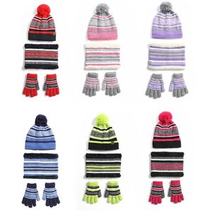 Écharpes Wraps Chapeaux Écharpes Gants Ensembles Enfants Enfants Hiver Tricoté 3 Pièces Bonnet Chapeau Écharpe Ensemble Contraste Couleur Rayé Épais Peluche Doublé Pompon Crâne