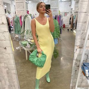 Casual Dresses MEIYANGYOUNG Yellow V Neck Summer Dress 2022 For Women Spaghetti Strap Knitted Long Women's Sundresses