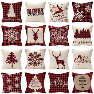 Kissen-Weihnachts-Überwurfbezug, 45 x 45 cm, Leinen, Rot, S-Hülle, Rentierbäume, Schneeflocken-Druck, dekorative Kissen