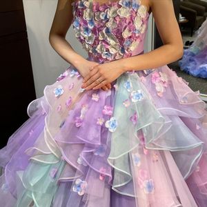 Färgglada 3D Flower Prom -klänningar Ruffles Tiere Ball Gown Party Gown for Junior Birthday Wear Organza Females Special Occasion Dress