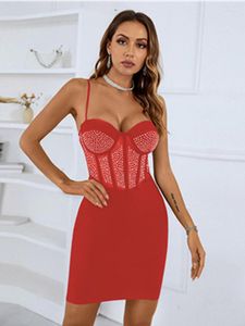 Casual Dresses Women Summer Sexy Sleeveless Crystal Diamonds Black White Red Bodycon Bandage Dress 2022 Elegant Party Stage Performance