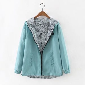 Women s Plus Size Outerwear Coats Spring Autumn Women Bomber Basic Jacket Pocket Zipper Hooded Two Side Wear Cartoon Print Outwear Loose Coat 220922