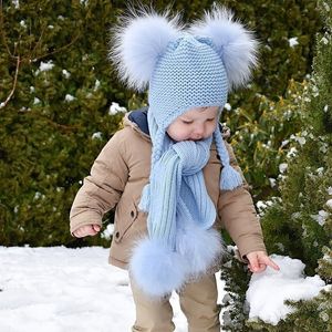 Scarves Wraps Hats Scarves Gloves Sets Kids Winter Hat and Scarf for Children Girls Boys Luxury Warm Crochet Beanie Real Raccoon Fur Pompom Cap 220921