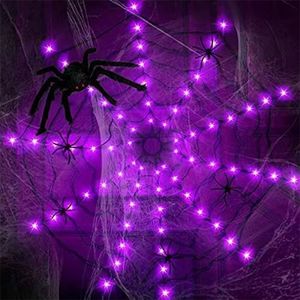 Dog Apparel Halloween Spider Web Lights with Black 8 Modes LED Cobweb Light Waterproof Purple Net for Party Yard Bar Haunted 220921