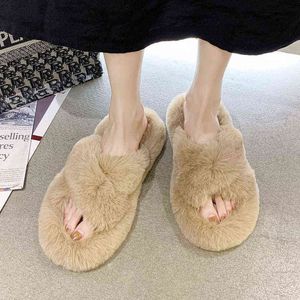 Tofflor Winter House Women Fur Slippers Fashion Cross Band Warm Plush Ladies Fluffy Shoes Cozy Open Toe Indoor Fuzzy Slides For Girls T220922