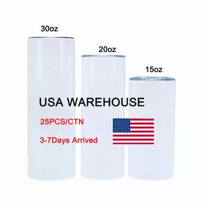 Sublimation Straight Tumblers Blanks 15-20-30 oz Stainless Steel Car Cups Travel Mugs with Steel Straw Insulated Water Bottles