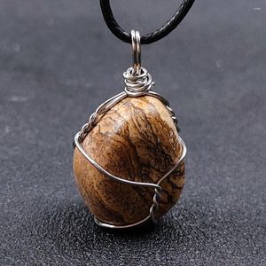 Pendant Necklaces 3Pcs/Lot Natural Stone Irregularly Sliver Wire Wrapped Drawing Tiger Eye Elongated Charm Necklace With Black Rope