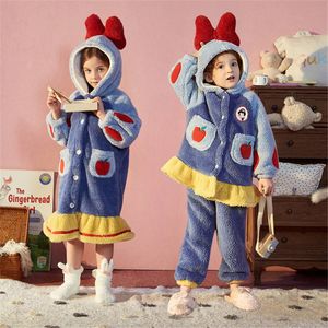 Pigiama per bambini Inverno con cappuccio Cartoon Princess Fleece Set Bow Baby Longer Sleepwear Girls Coral Velvet Home Clothes Robes Thick 220922