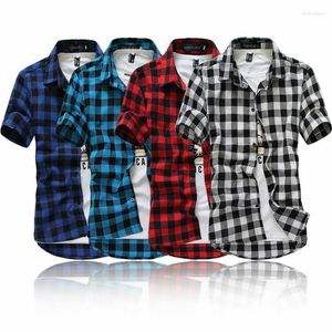 Camicie casual da uomo Camicia a quadri rossa e nera da uomo Camicetta a maniche corte a scacchi Chemise Homme moda estiva 2022