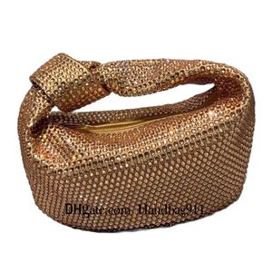 Saco de jantar dourado com strass cintilante Totes Bolsa de festa de perfuração de mão Brilhante Diamante Alça com nós Clutch Estampa de letras Baguette Carteira fashion bolsa