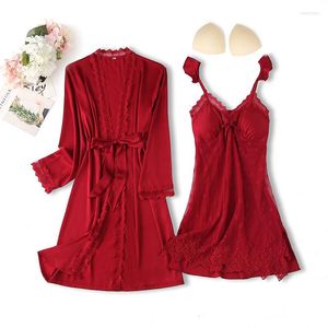 Damen Nachtwäsche Robe Set 2022 Frauen Sexy Nachtwäsche Burgund Satin Spitze Kimono Bademantel Kleid Seidige Home Kleidung Intime Dessous