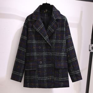 Women s Plus Size Outerwear Coats 150Kg Autumn Winter Plaid Woolen Coat Bust 159cm 6XL 7XL 8XL 9XL 10XL Loose Casual Suit Collar Jacket Blue 220922