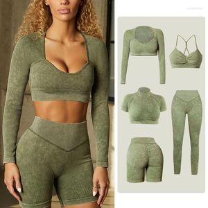 Active Sets Ribbed Washed Seamless Yoga Set Crop Top Women Bra Outfit Shirt Workout Short Fitness Leggings Wear Gym Suit Sport Clothes