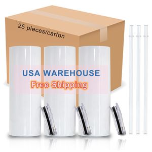 USA STOCK White Blank 20oz Sublimation Straight Tumbler Insulated Cylinder Water Cup DIY Heat Transfer Printing Double Wall Thermos Drinkware With Plastic Straw