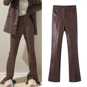 Kvinnor Pants Women's Capris Pant Faux Leather for Women Brown Fashion Hem Slitt Trouser High midja rak streetwear Vintage Y2K