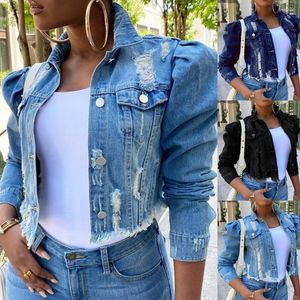 Vintage Ripped Denim Women's Short fall jackets women with Puff Sleeves - Casual Streetwear for Autumn/Spring 2022
