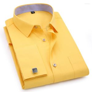 Men's Dress Shirts Men's Mens French Cufflinks Long Sleeves Black White Blue Yellow Lapel Male Business Shirt Fit Wedding Party Men