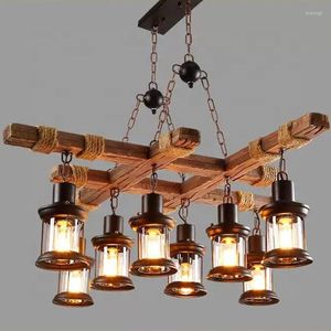 Pendant Lamps Retro Wood Lights 8 Head Vintage Industrial Loft Glass Iron LED Chandelier Suspension Lamp Wooden Droplight