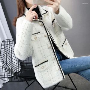 Kvinnors jackor koreanska mode imiterade ulljacka Kvinnor chic rutig enbröd kappa Kvinna Autumn Clasic Black White Outwear Office