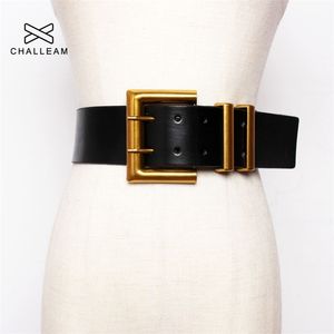 Ремни моды Women Wide Belt Gold Big Mental Double Bucle Женский черный кожаный платье Bu