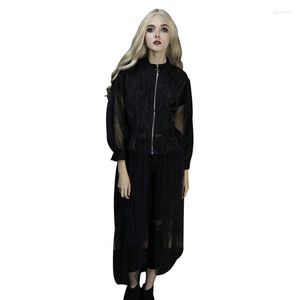 Women's Jackets Women's Punk Women Zipper Cardigan Mesh Stitching Drawstring Waist Long Bat Sleeve Black Capes Outwear