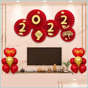 Decorazione per feste 6 pezzi Anno cinese Ventagli di carta Decorazioni Happy 2022 Tiger Years Window Wall Drop Delivery 2021 Home Garden Fe Mxhome Dhrfu