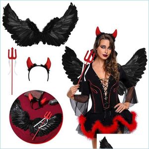 Party Decoration 3Pcs Devil Feather Wing Triangle Fork Headwear Set Red Headband Halloween Cosplay Costume Dress Up Prop Dro Yydhhome Dhboq