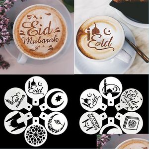 Party Decoration 6pcs/Set Eid Mubarak Coffee Mold Cake Cupcake Stencil Mall Barista Cappuccino Strew Pad Duster Spray Tool MxHome DH9DR