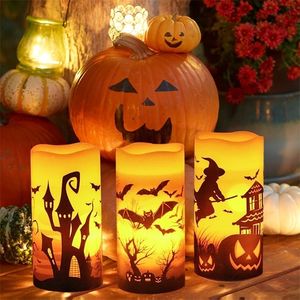 Dekoracja imprezowa Halloween bez flamiącej migotania świec LED LED Light z czarownicami Zamek Drukowanie Premium świąteczne ozdoby 3 szt. Zestaw 220921