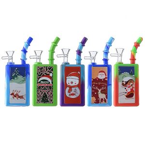 Weihnachtsstil-Getränkeflasche Silikon-Bong-Wasserpfeifen 7-Zoll-Mini-Kleinöl-Rigs Weihnachts-Glasbongs 14-mm-Verbindung Wasserpfeifen Dab-Rig mit Schüssel