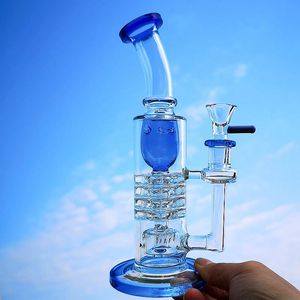 8 Inch Green Blue Hookahs Torus Barrel Perc Thick Glass Bongs Ratchet Percolator Inverted Showerhead Water Pipes 14mm Female Joint With Bowl Oil Dab Rigs