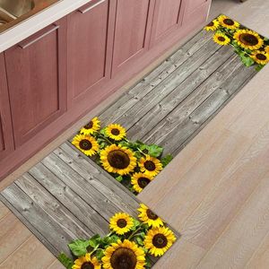 Mattor 2st/set Sunflower Wood Plank Long Kitchen Mat Bath Mattan Golv Hemintrång Dörrat sovrum vardagsrum mattor matta