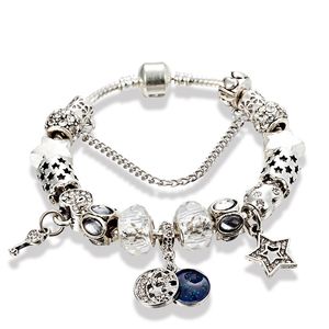 Moon Blue Sky Dangle Clear Charms Armband Dam Party Smycken med Original Box För Pandora Silverpläterad Snake Chain Pendant Armband Set