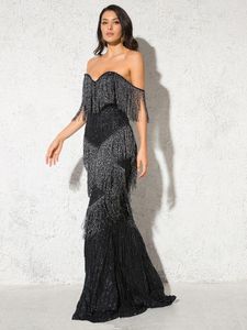 Casual Dresses Sexy Black Tassel Strapless Padded V Neck Floor Length Party Bodycon Backless Silver Sleeveless Glitter Summer Dress