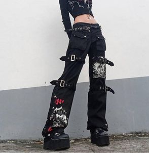 女性用ジーンズゴシックカーゴワイドレッグパンクバギートリップパンツゴット美学EガールY2KエモAlt Harajuku Streetwear